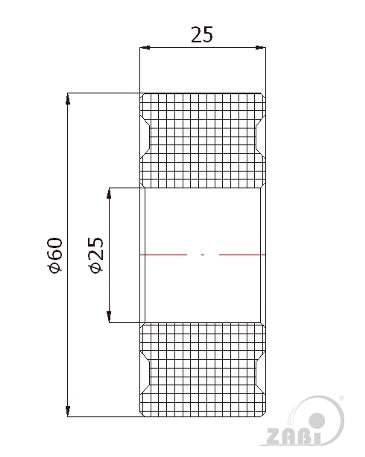 Rolka poliamidowa 60 mm otwór 25 mm bez łożysk RB-60-25/25, rysunek techniczny z wymiarami