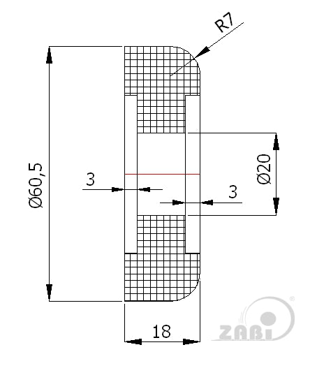 Rolka poliamidowa 60 mm do bramy bez łożysk RB-60,5, rysunek techniczny z wymiarami