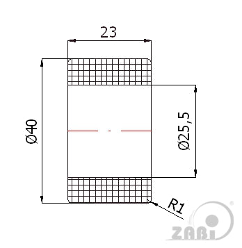 Rolka poliamidowa 40 mm otwór 25 mm bez łożysk TD350, rysunek techniczny z wymiarami