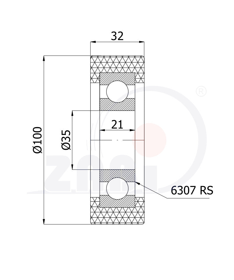 Rolka poliuretanowa 100 mm z łożyskiem RP-100-32/35, rysunek techniczny z wymiarami