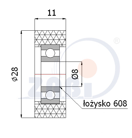 Rolka poliuretanowa 28 mm z łożyskiem RP-28-11/8, rysunek techniczny z wymiarami