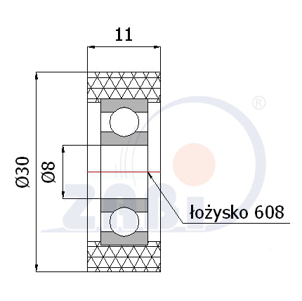 Rolka poliuretanowa 30 mm z łożyskiem RP-30-11/8, rysunek techniczny z wymiarami