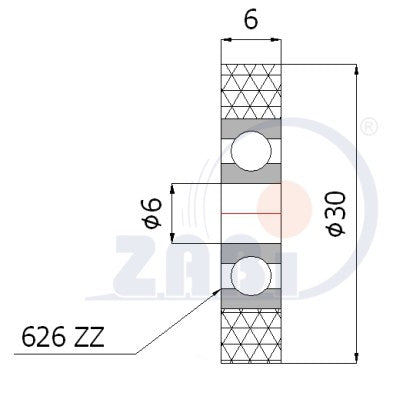 Rolka poliuretanowa 30 mm z łożyskiem RP-30-6/6, rysunek techniczny z wymiarami