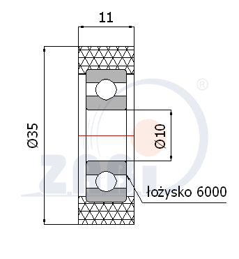 Rolka poliuretanowa 35 mm z łożyskiem RP-35-11/10, rysunek techniczny z wymiarami