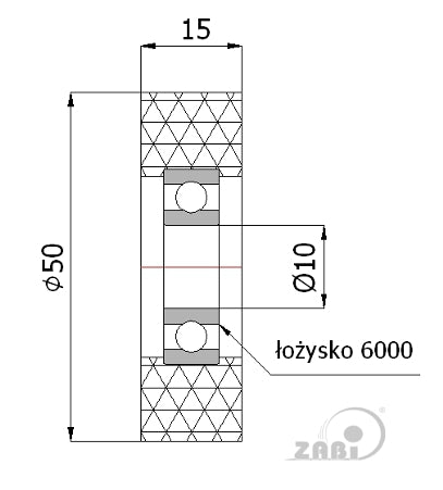 Rolka poliuretanowa 50 mm z łożyskiem RP-50-15/10, rysunek techniczny z wymiarami