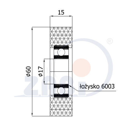 Rolka poliuretanowa 60 mm z łożyskiem RP-60-15/17, rysunek techniczny z wymiarami