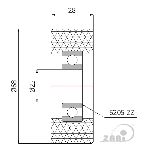 Rolka poliuretanowa 68 mm z łożyskiem RP-68-28/25, rysunek techniczny z wymiarami