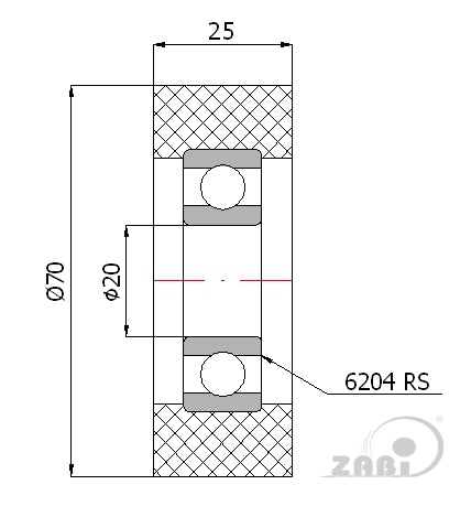 Rolka poliuretanowa 70 mm z łożyskiem RP-70-25/20, rysunek techniczny z wymiarami