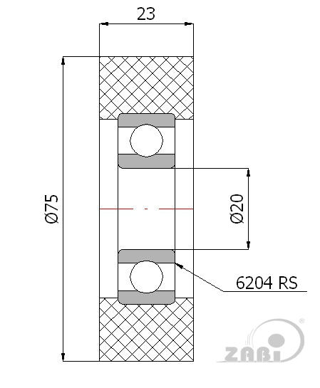 Rolka poliuretanowa 75 mm z łożyskiem RP-75-23/20, rysunek techniczny z wymiarami