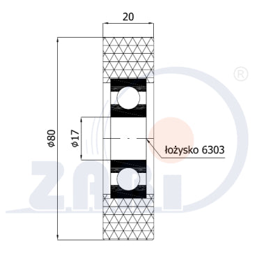 Rolka poliuretanowa 80 mm z łożyskiem RP-80-20/17, rysunek techniczny z wymiarami