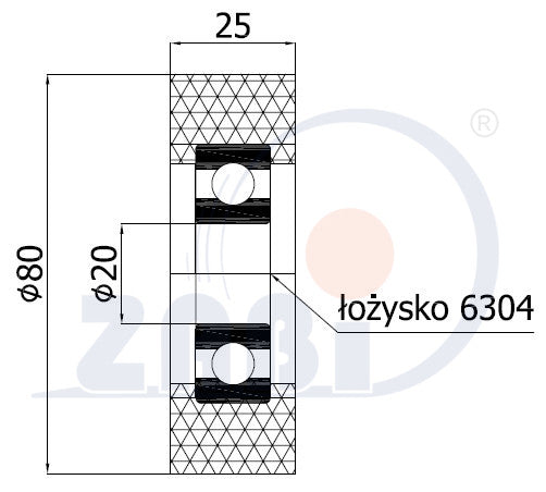 Rolka poliuretanowa 80 mm z łożyskiem RP-80-25/20, rysunek techniczny z wymiarami