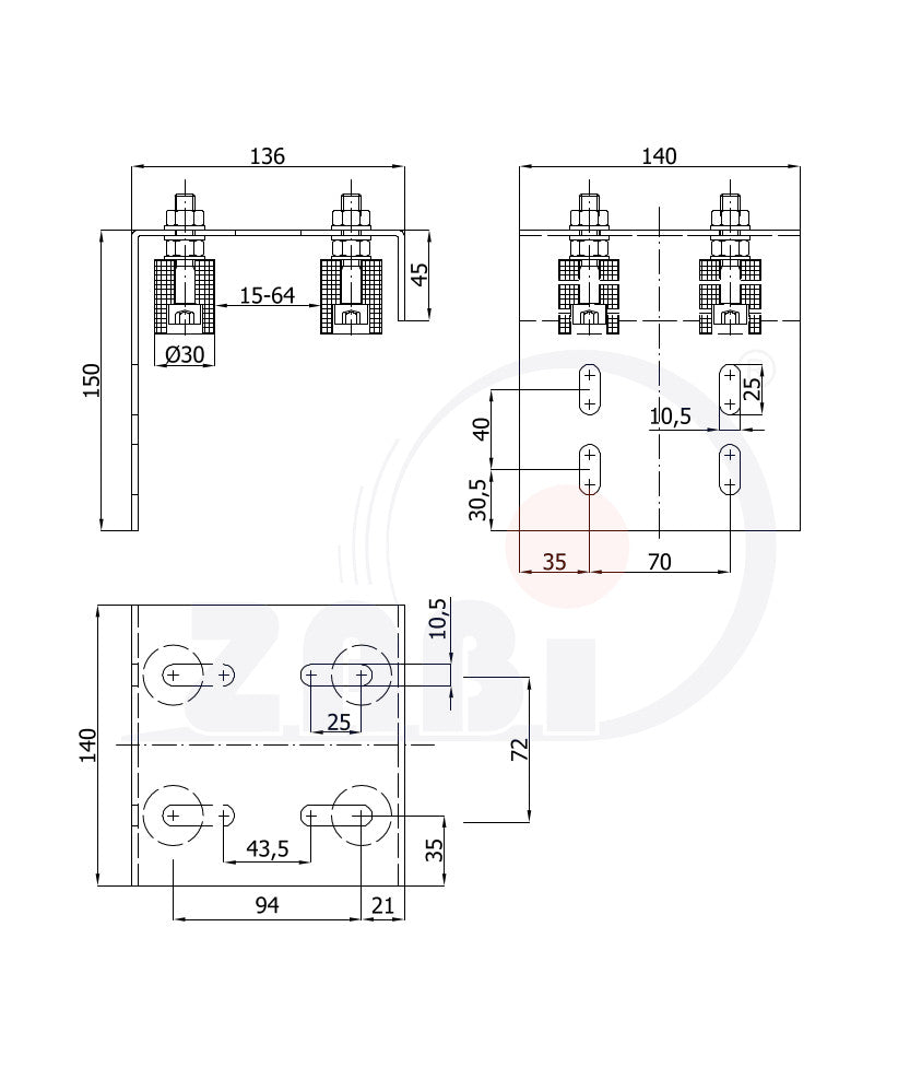 Rolka prowadząca 30 mm do bramy komplet 4 szt. RB-30Ś/4/P, rysunek techniczny z wymiarami