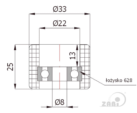Rolka prowadząca 33 mm do bramy RB-33Ł, rysunek techniczny z wymiarami