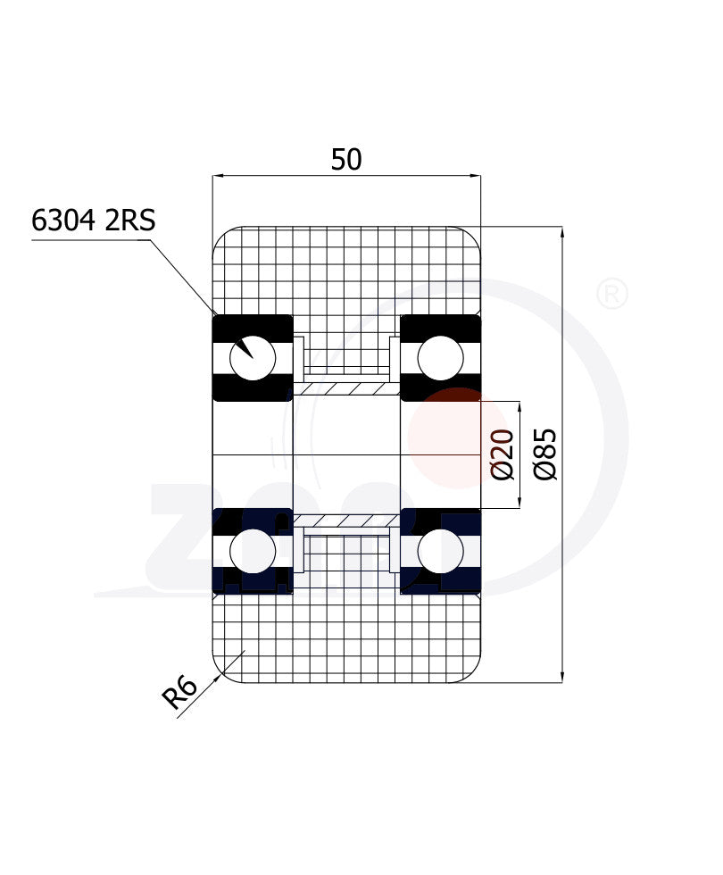 Rolka poliamidowa pa6g 85x50 do wózka paletowego R-85-50-PA6G, rysunek techniczny z wymiarami
