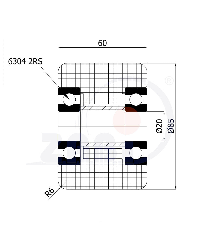 Rolka poliamidowa pa6g 85x60 do wózka paletowego R-85-60-PA6G, rysunek techniczny z wymiarami