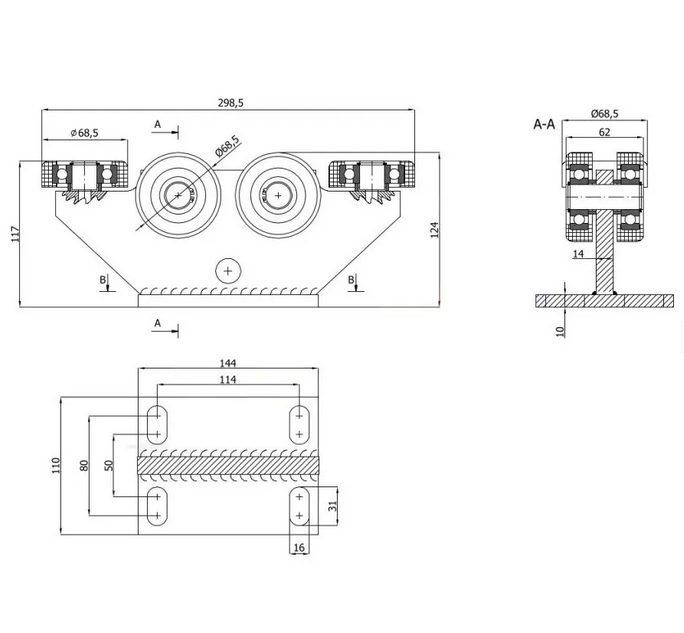 Wózek do profilu 80x80x5 bramy przesuwnej 6 rolkowy, stały bez regulacji - 6M-80