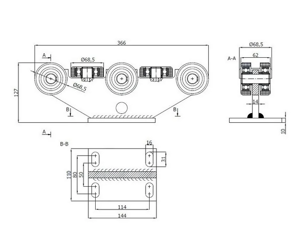 Wózek do profilu 80x80x5 bramy przesuwnej 8 rolkowy, stały bez regulacji - 8M-80