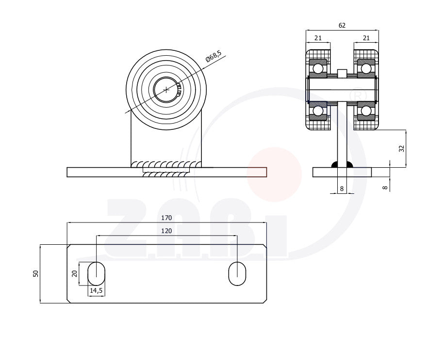 Wózek metalowy 2-rolkowy 80x80 do bramy 2M-80, rysunek techniczny z wymiarami