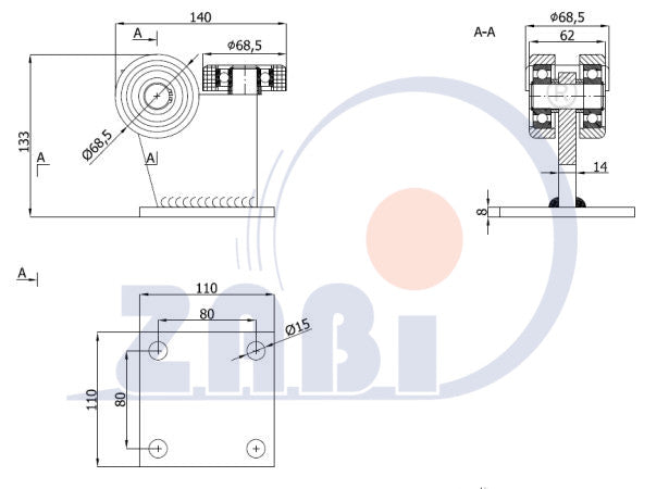 Wózek metalowo-poliamidowy 3-rolkowy 80x80 do bramy 3M-80M, rysunek techniczny z wymiarami