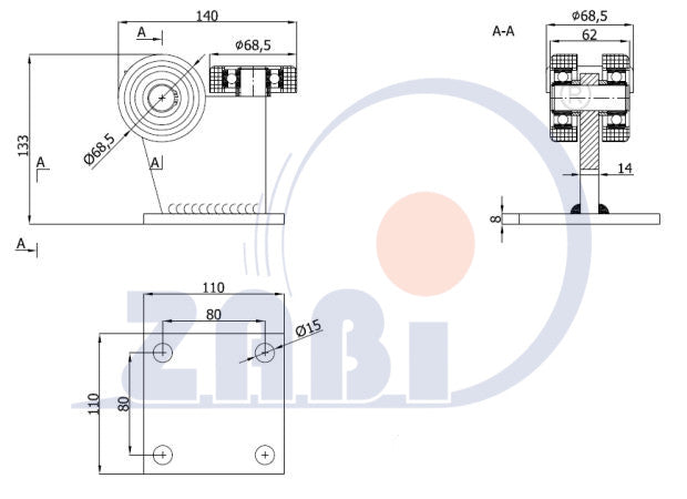 Wózek metalowy 3-rolkowy 80x80 do bramy 3MM-80M, rysunek techniczny z wymiarami