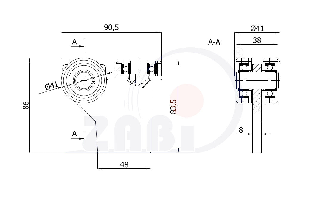Wózek 3-rolkowy 50x50 do bramy G-3M-50/4, rysunek techniczny z wymiarami