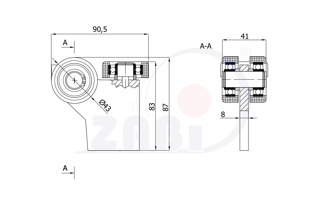 Wózek metalowy 3-rolkowy 50x50 do bramy G-3MM-50, rysunek techniczny z wymiarami