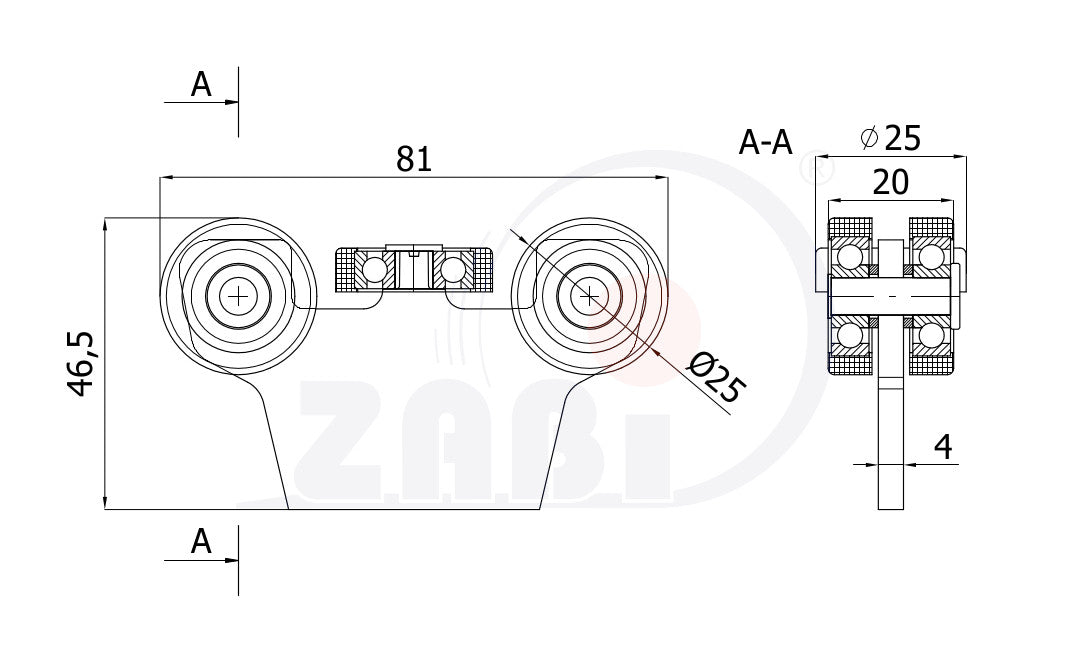 Wózek metalowy 5-rolkowy 30x30 do bramy G-5MM-30, rysunek techniczny z wymiarami
