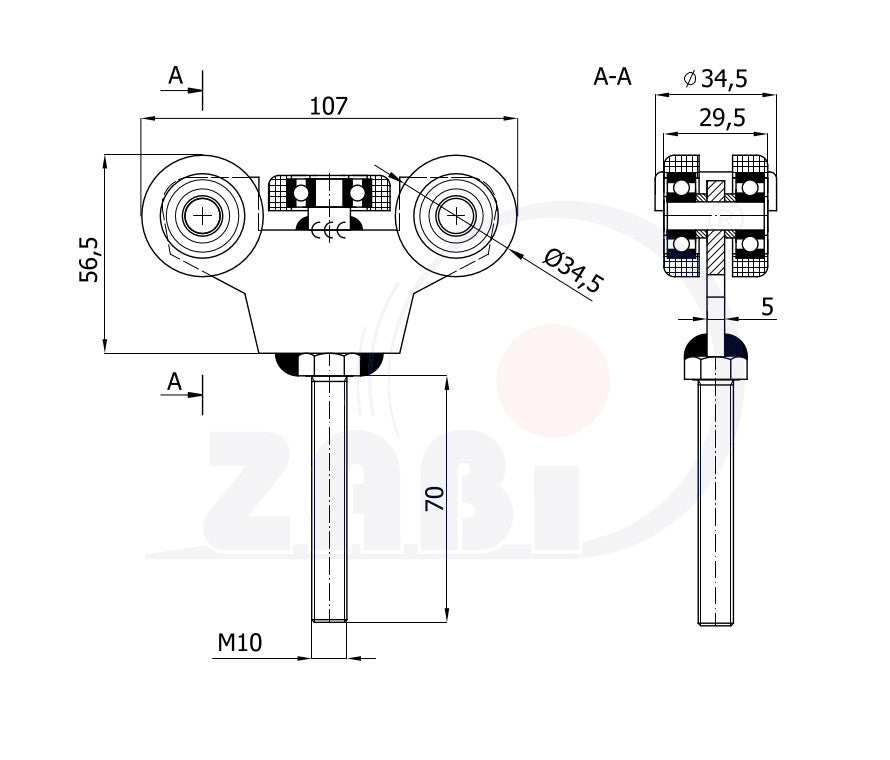 Wózek metalowy 5-rolkowy 40x40 do bramy G-5MM-40/M10, rysunek techniczny z wymiarami