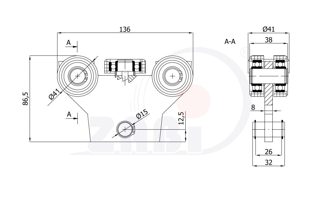 Wózek metalowy 5-rolkowy 50x50 do bramy WG-5M-50/4, rysunek techniczny z wymiarami