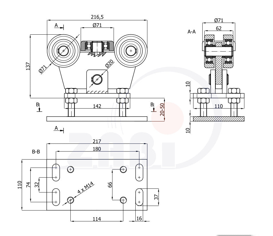 Wózek metalowy 5-rolkowy 80x80 do bramy WR-5MM-80/4, rysunek techniczny z wymiarami