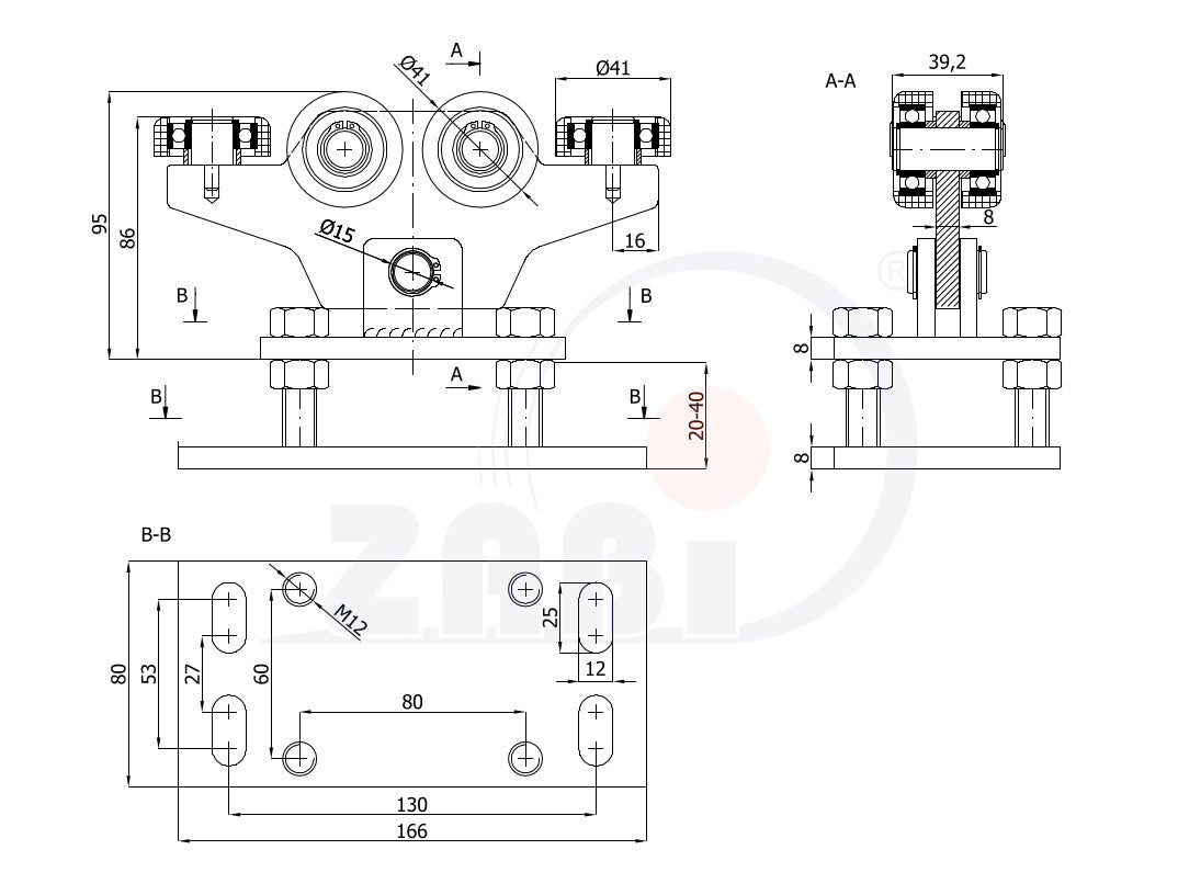Wózek metalowy 6-rolkowy 50x50 do bramy WR-6MM-50/4, rysunek techniczny z wymiarami