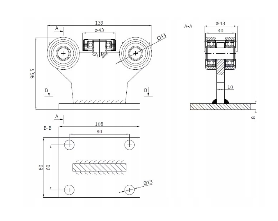 Wózek do bramy - 5 rolkowy, stały (PROFIL 50x50x3mm) - 5M-50