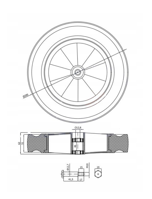 Koło do kosiarki z zestawem montażowym fi 290 K290Ł*M10