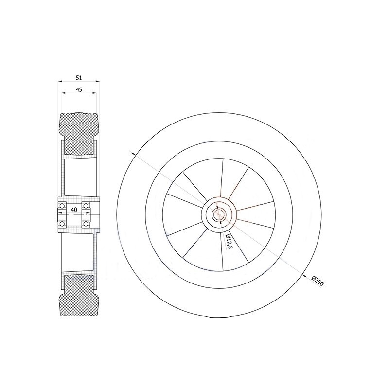 Koło do kosiarki z zestawem montażowym fi 250 K250Ł*M10
