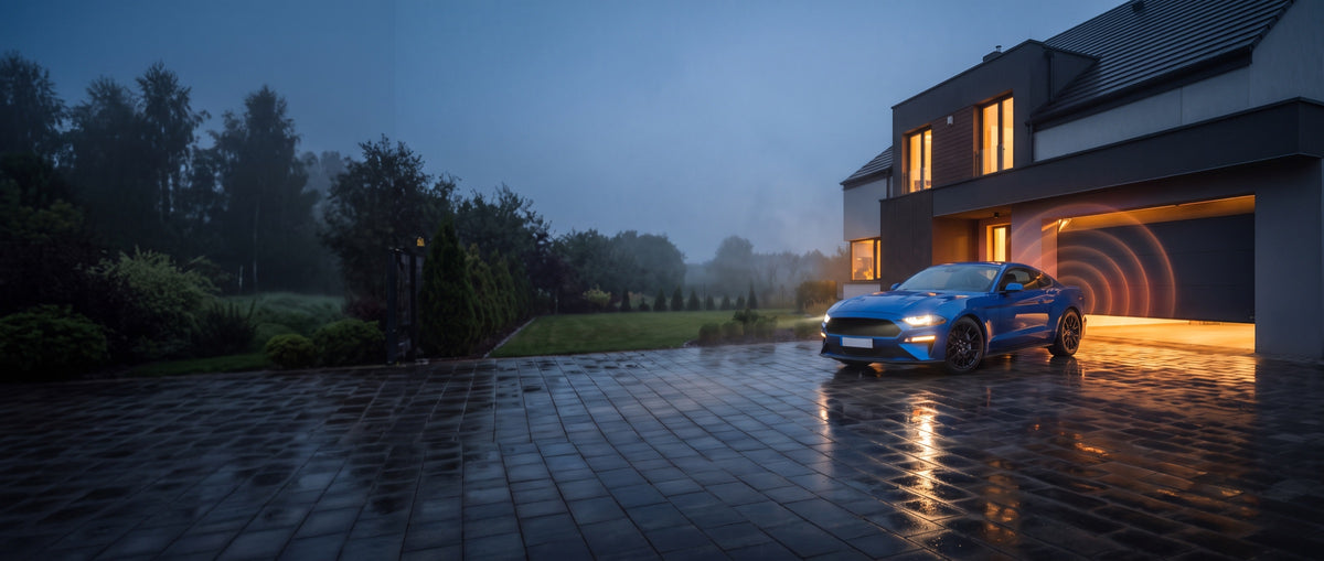 Niebieski Ford Mustang na podjeździe otwiera bramę garażową sygnałem z przycisków HomeLink