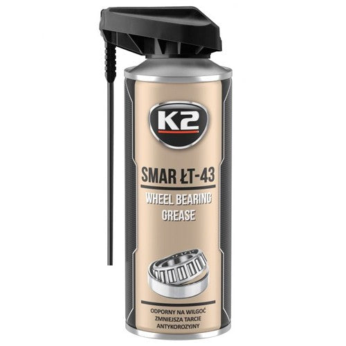 K2 ŁT-43 smar litowy do łożysk, puszka spray 400 ml z aplikatorem, widok z przodu