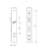 Kaseta ozdobna z zamkiem do profilu 50x30 mm ZAMEK 50X30, rysunek techniczny z wymiarami
