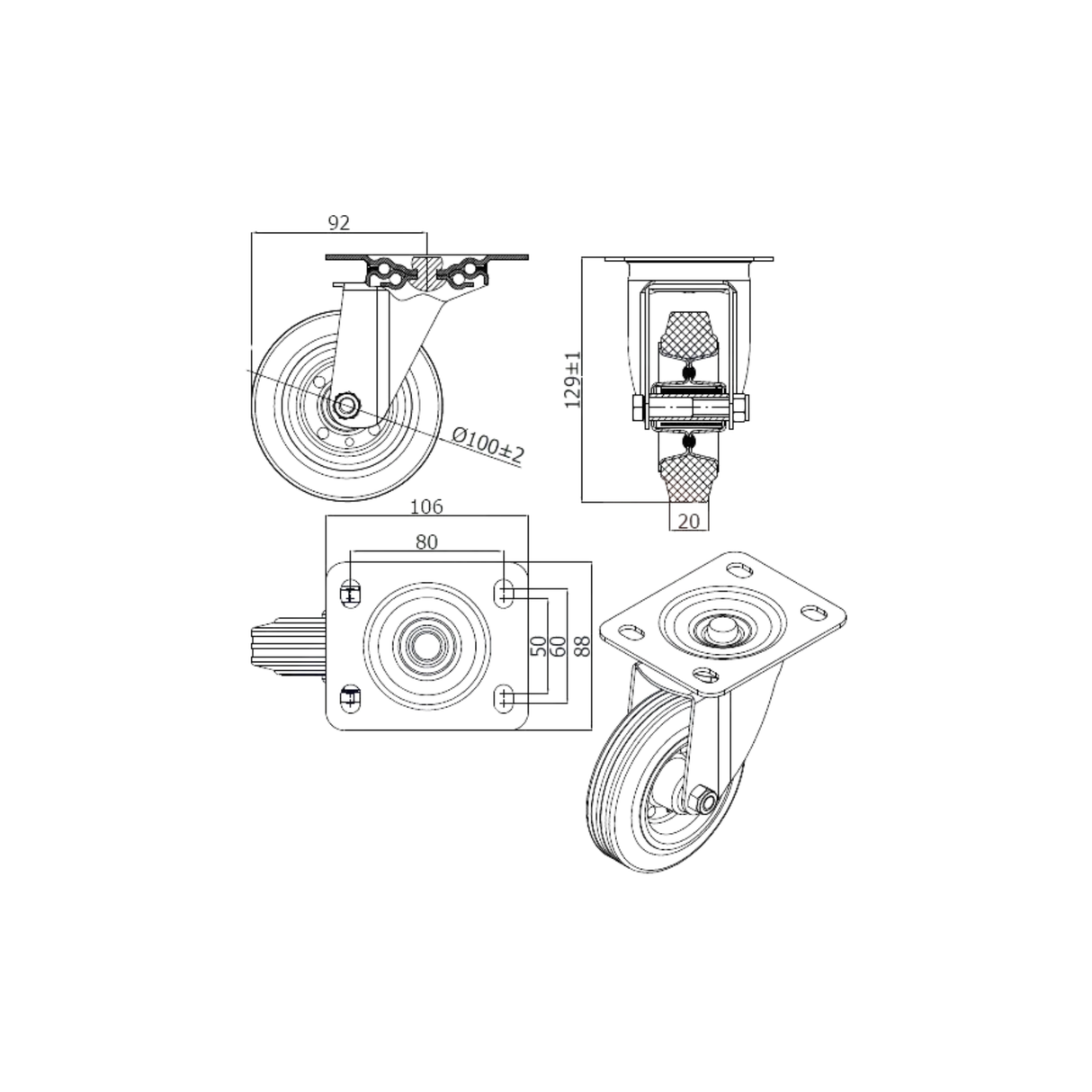 Koło metalowo-gumowe fi 100mm w obudowie skrętnej - 12LS
