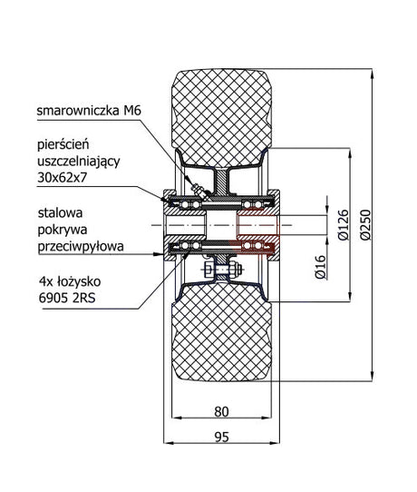 Koło 250 mm otwór 16 mm 90MGD, rysunek techniczny z wymiarami