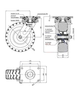 Koło 250 mm w obudowie skrętnej 92MGD, rysunek techniczny z wymiarami