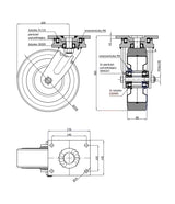 Koło 250 mm w obudowie skrętnej 92MPD, rysunek techniczny z wymiarami