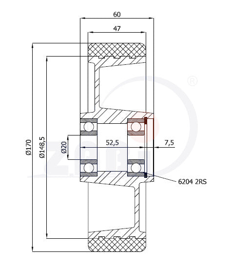 Koło 170x47 do wózka paletowego A170PP, rysunek techniczny z wymiarami