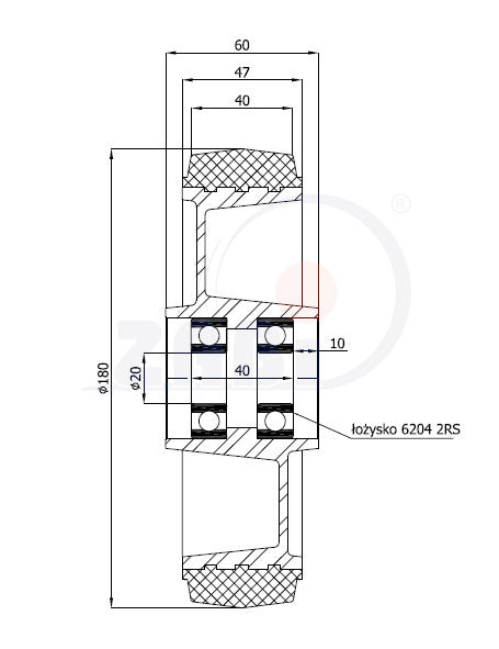 Koło 180x40 do wózka paletowego A50GSP, rysunek techniczny z wymiarami