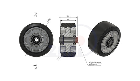 Koło aluminiowo-gumowe 100 mm otwór 10 mm A10G, rysunek techniczny z wymiarami