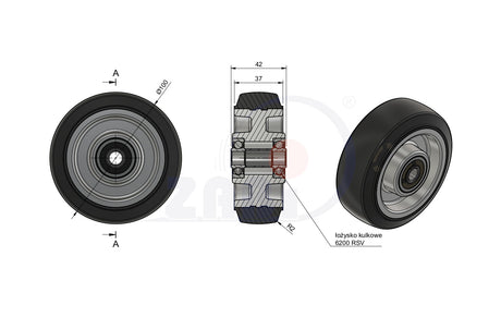 Koło aluminiowo-gumowe 100 mm otwór 10 mm A10GL, rysunek techniczny z wymiarami