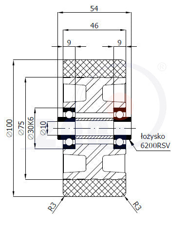 Koło aluminiowo-poliuretanowe 100 mm otwór 10 mm A10P, rysunek techniczny z wymiarami
