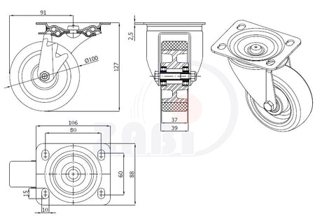 Koło aluminiowo-poliuretanowe 100 mm w obudowie skrętnej A12P, rysunek techniczny z wymiarami