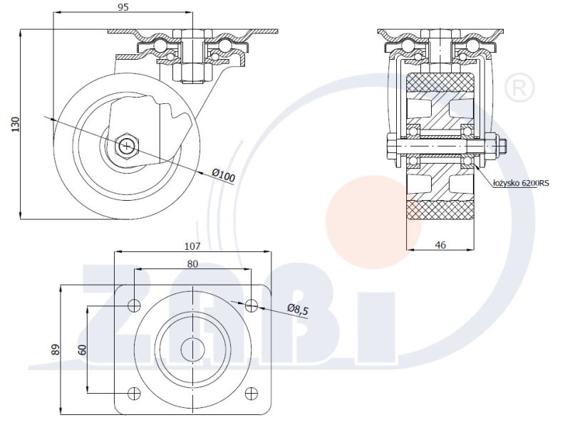 Koło aluminiowo-poliuretanowe 100 mm w obudowie skrętnej A12PW, rysunek techniczny z wymiarami