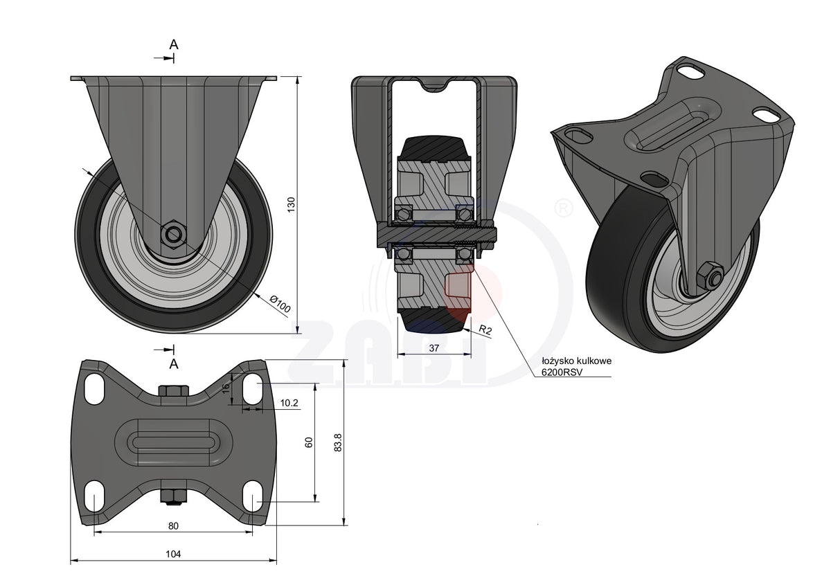 Koło aluminiowo-gumowe 100 mm w obudowie stałej A13G, rysunek techniczny z wymiarami
