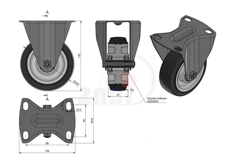 Koło aluminiowo-gumowe 100 mm w obudowie stałej A13G, rysunek techniczny z wymiarami